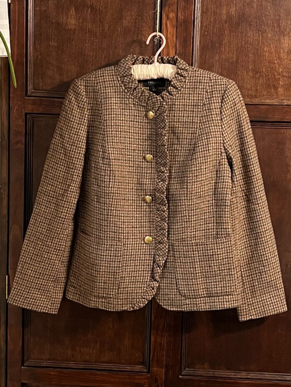 TALBOTS WOOL BLEND TAN MULTI HOUNDSTOOTH BLAZER RUFFLED ACCENT